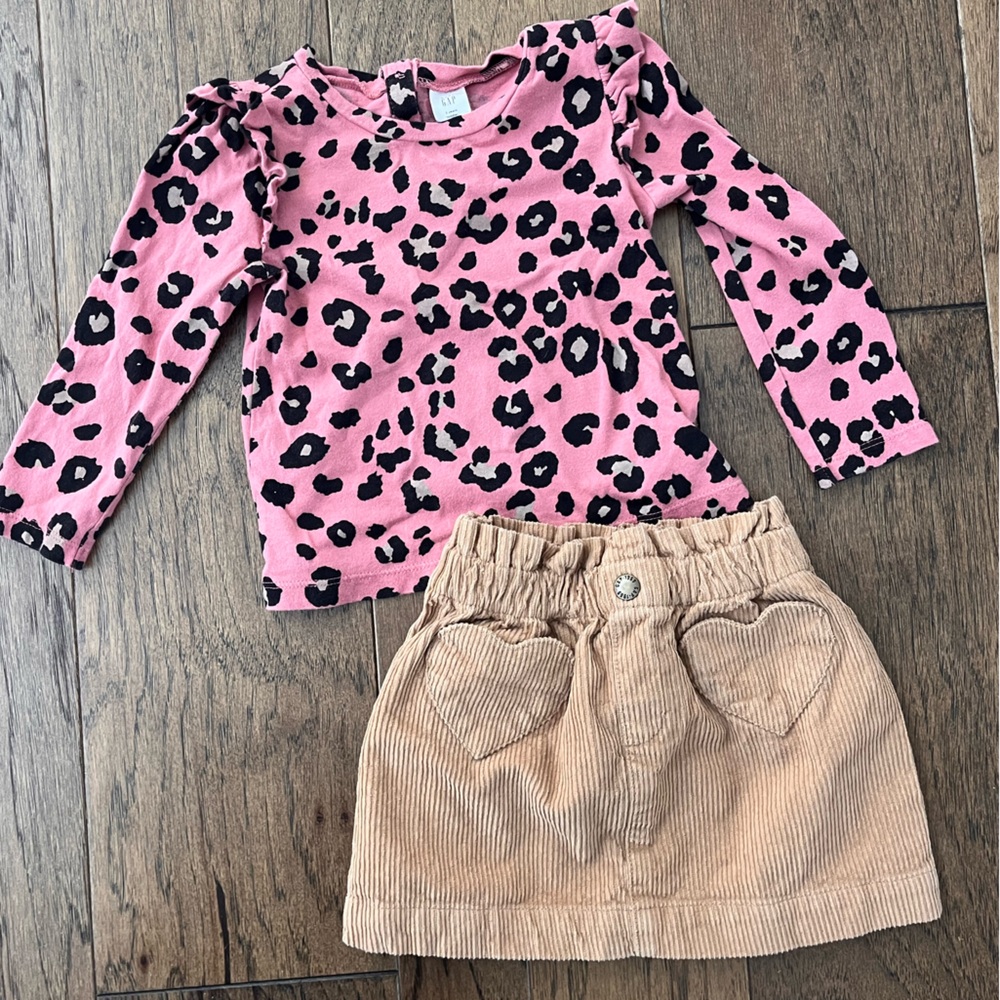 Baby GAP Toddler Pink leopard print long sleeve top with corduroy skirt - size 2